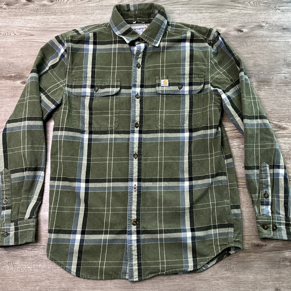 Carhartt Hubbard Flannel Long Sleeve Shirt Mens Medium Green Plaid Loose Fit